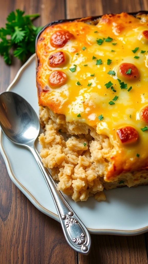 Classic Chicken and Rice Casserole Recipe A delicious chicken and rice casserole with melted cheese and parsley garnish on a wooden table.